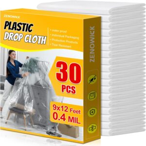 30 Pack Plastic Drop Cloth, 9x12 Ft Plastic Sheeting for Painting