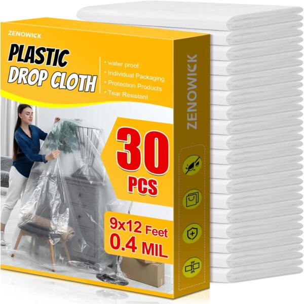 30 Pack Plastic Drop Cloth, 9x12 Ft Plastic Sheeting for Painting